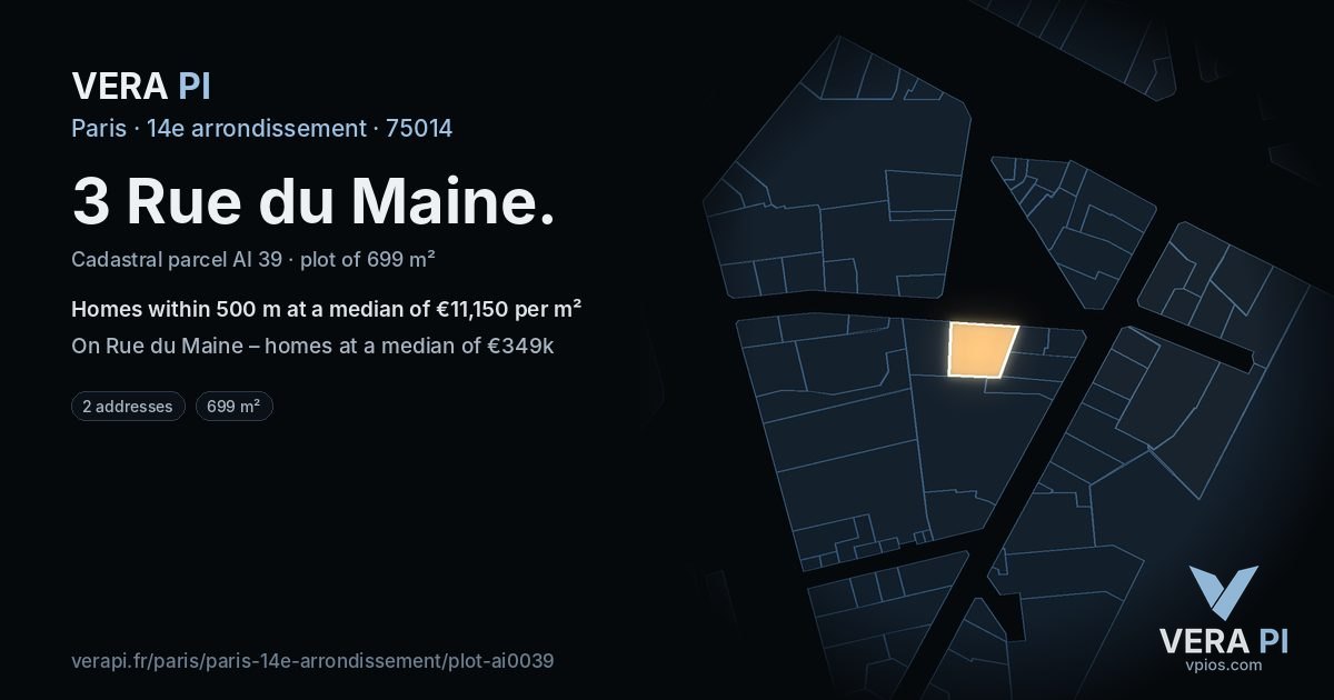 3 Rue du Maine, 14e arrondissement at night – the plot lit, the parcels around coloured by the prices near them