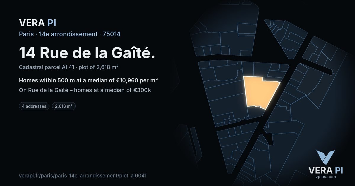 14 Rue de la Gaîté, 14e arrondissement at night – the plot lit, the parcels around coloured by the prices near them