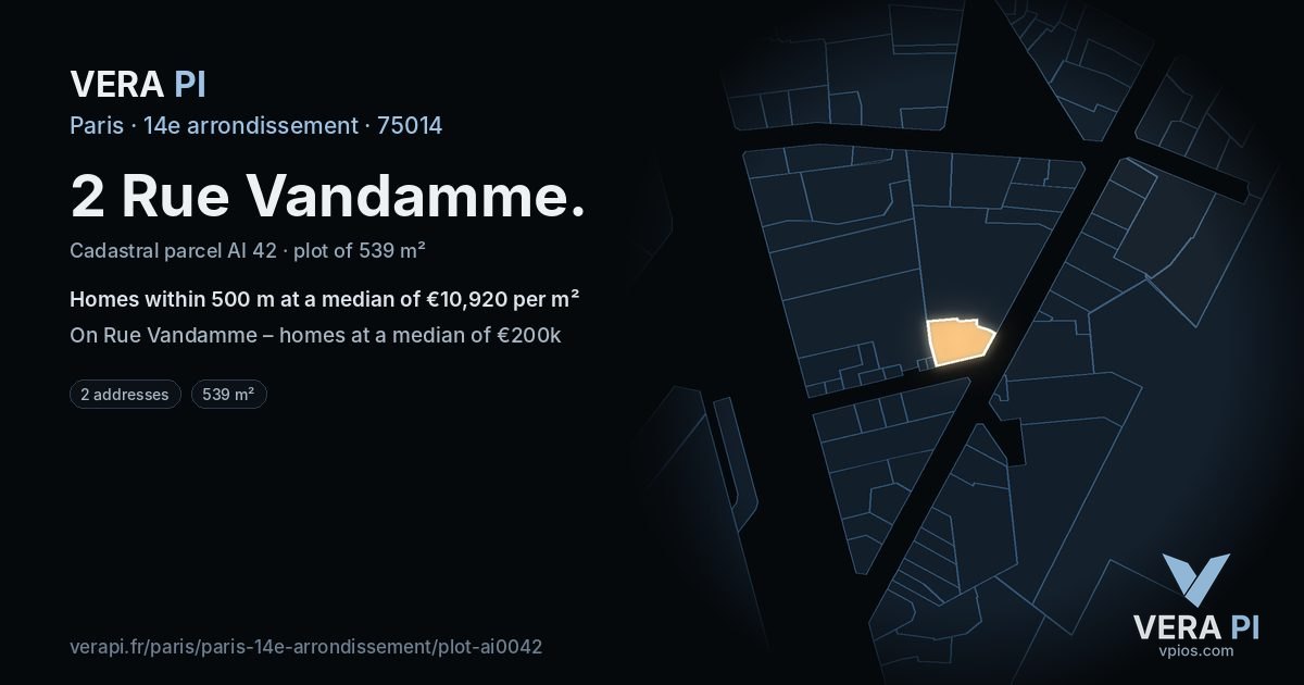 2 Rue Vandamme, 14e arrondissement at night – the plot lit, the parcels around coloured by the prices near them