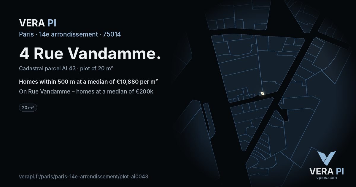 4 Rue Vandamme, 14e arrondissement at night – the plot lit, the parcels around coloured by the prices near them