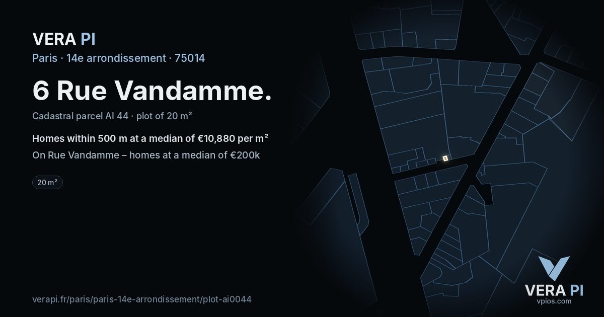 6 Rue Vandamme, 14e arrondissement at night – the plot lit, the parcels around coloured by the prices near them