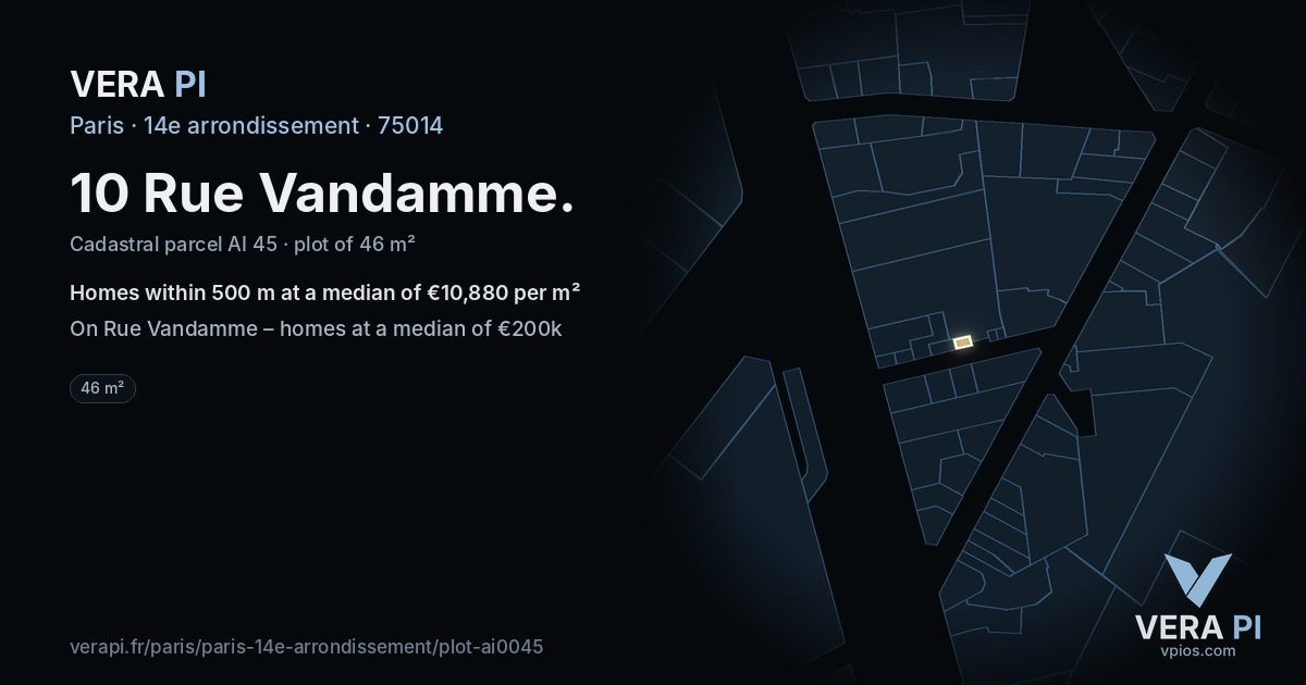 10 Rue Vandamme, 14e arrondissement at night – the plot lit, the parcels around coloured by the prices near them