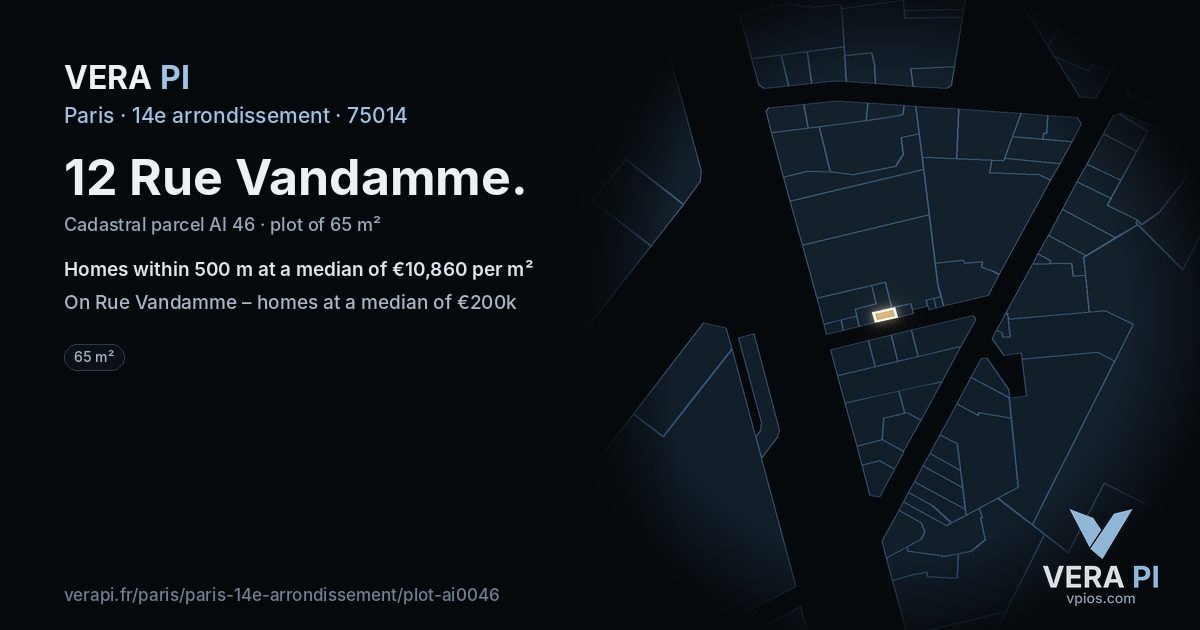 12 Rue Vandamme, 14e arrondissement at night – the plot lit, the parcels around coloured by the prices near them