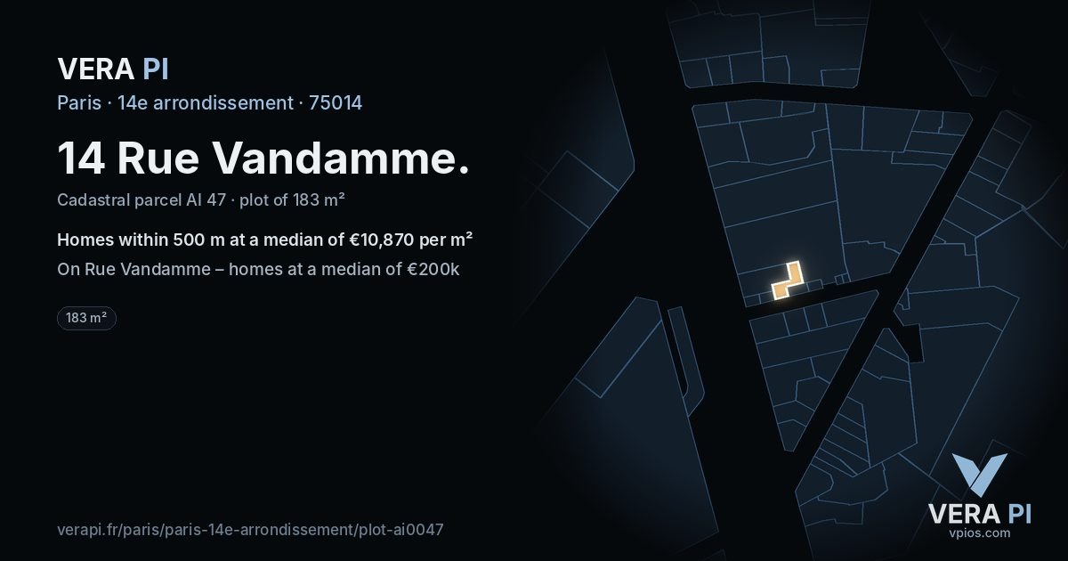 14 Rue Vandamme, 14e arrondissement at night – the plot lit, the parcels around coloured by the prices near them