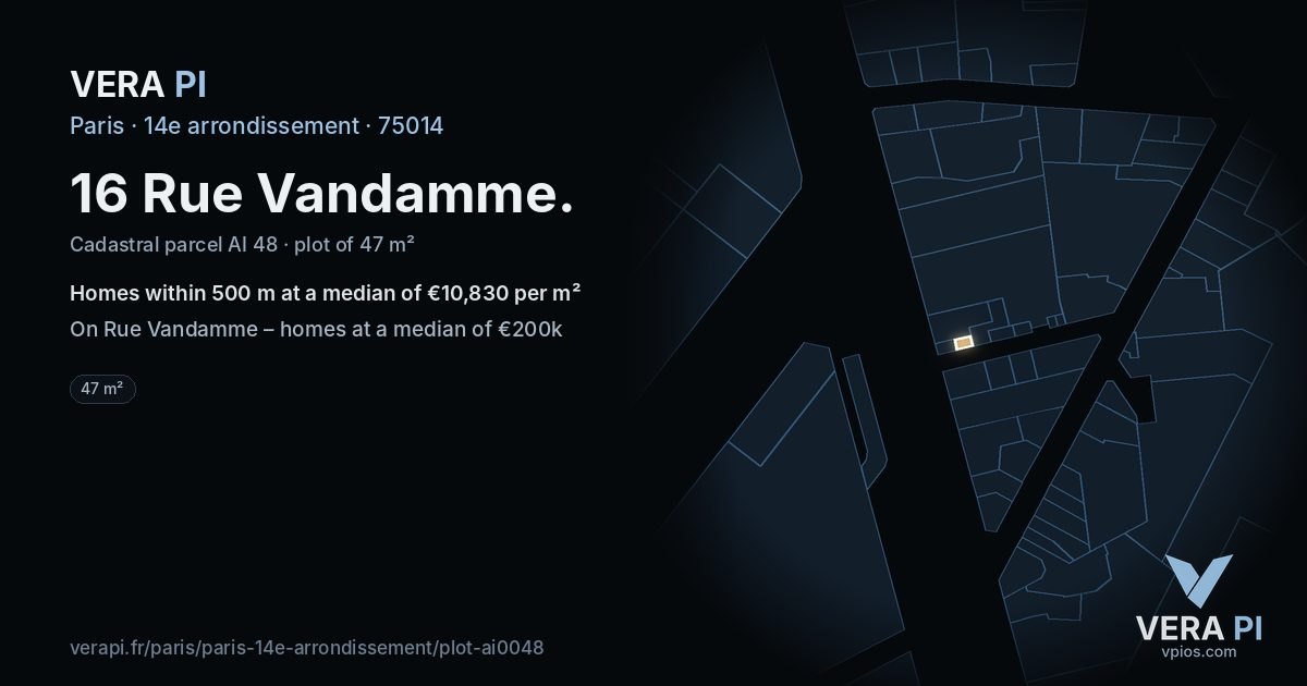 16 Rue Vandamme, 14e arrondissement at night – the plot lit, the parcels around coloured by the prices near them