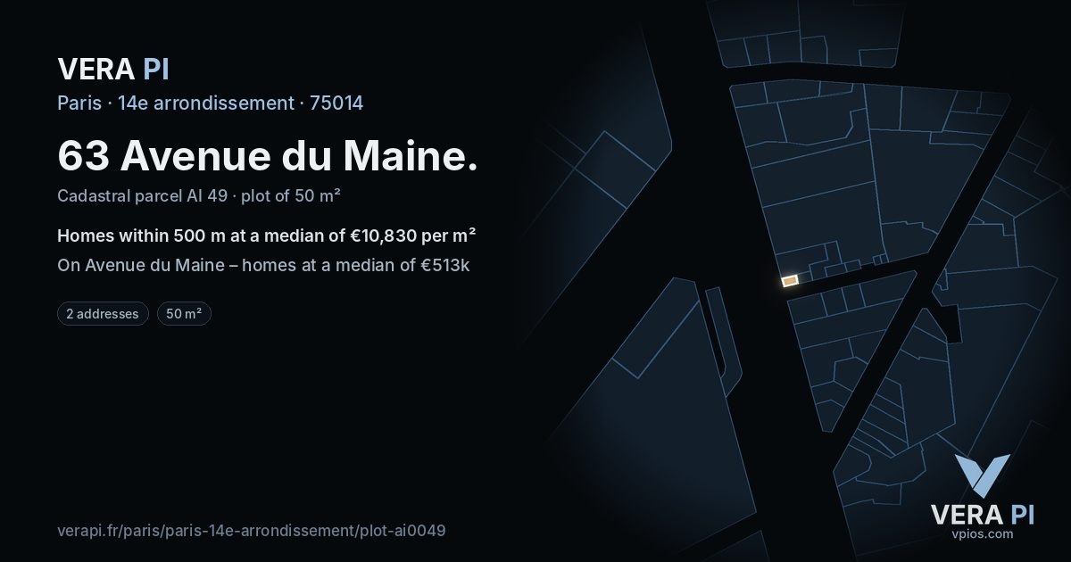 63 Avenue du Maine, 14e arrondissement at night – the plot lit, the parcels around coloured by the prices near them