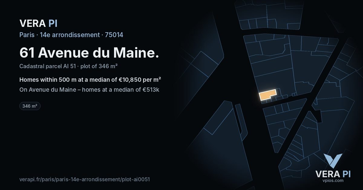 61 Avenue du Maine, 14e arrondissement at night – the plot lit, the parcels around coloured by the prices near them