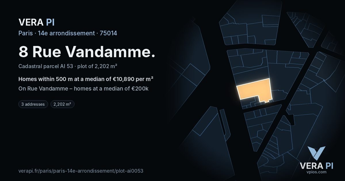 8 Rue Vandamme, 14e arrondissement at night – the plot lit, the parcels around coloured by the prices near them