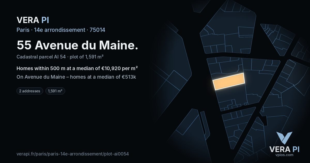 55 Avenue du Maine, 14e arrondissement at night – the plot lit, the parcels around coloured by the prices near them