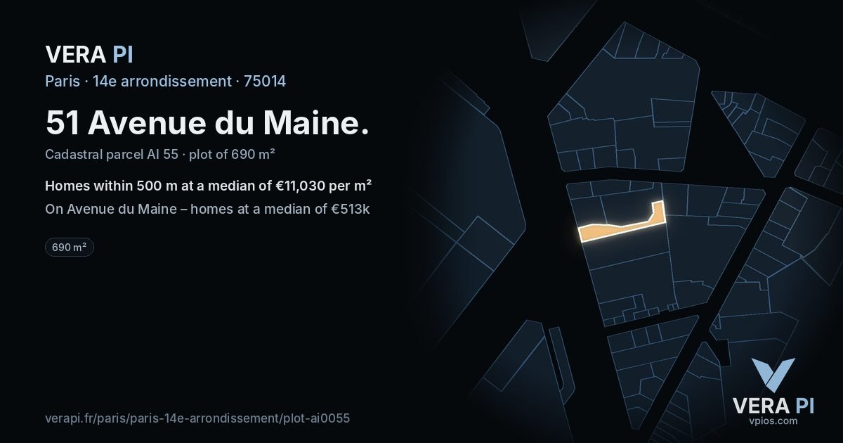 51 Avenue du Maine, 14e arrondissement at night – the plot lit, the parcels around coloured by the prices near them