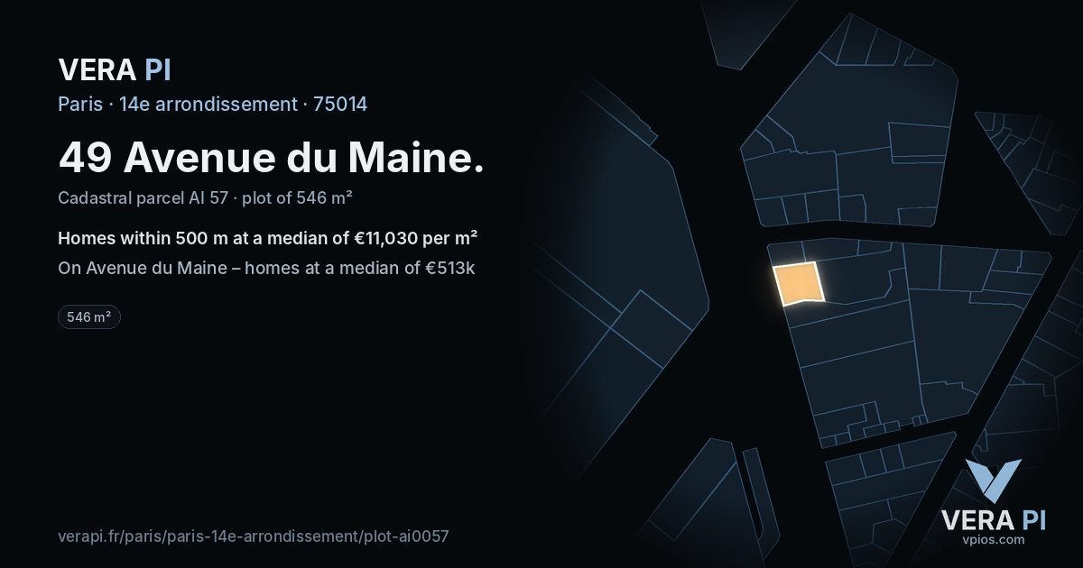 49 Avenue du Maine, 14e arrondissement at night – the plot lit, the parcels around coloured by the prices near them