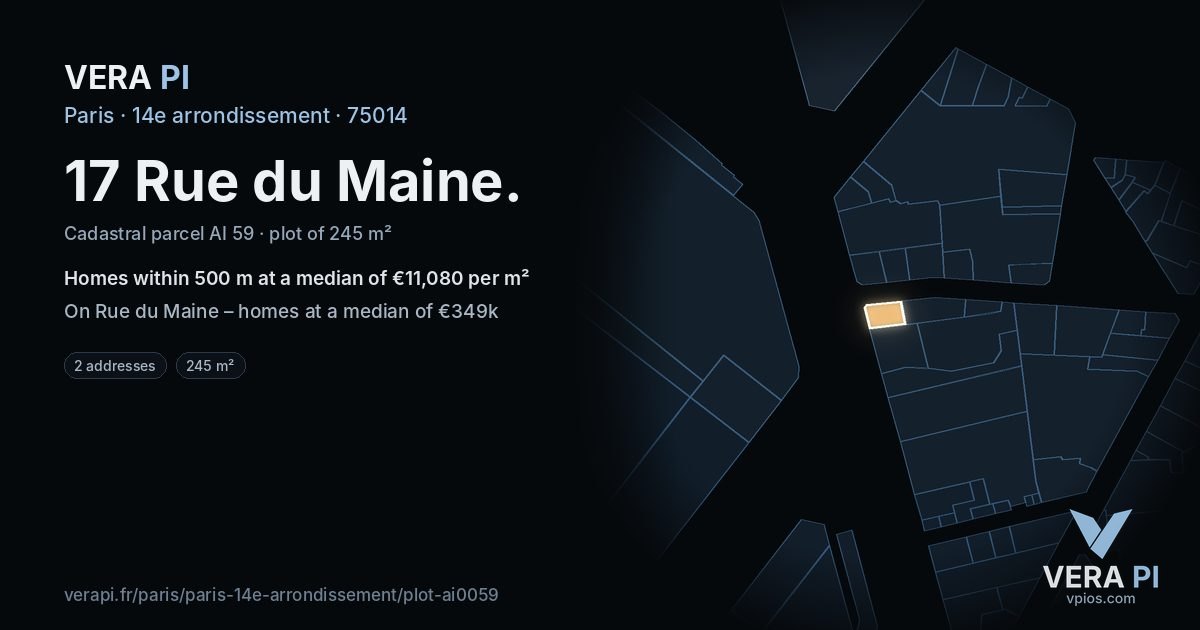 17 Rue du Maine, 14e arrondissement at night – the plot lit, the parcels around coloured by the prices near them