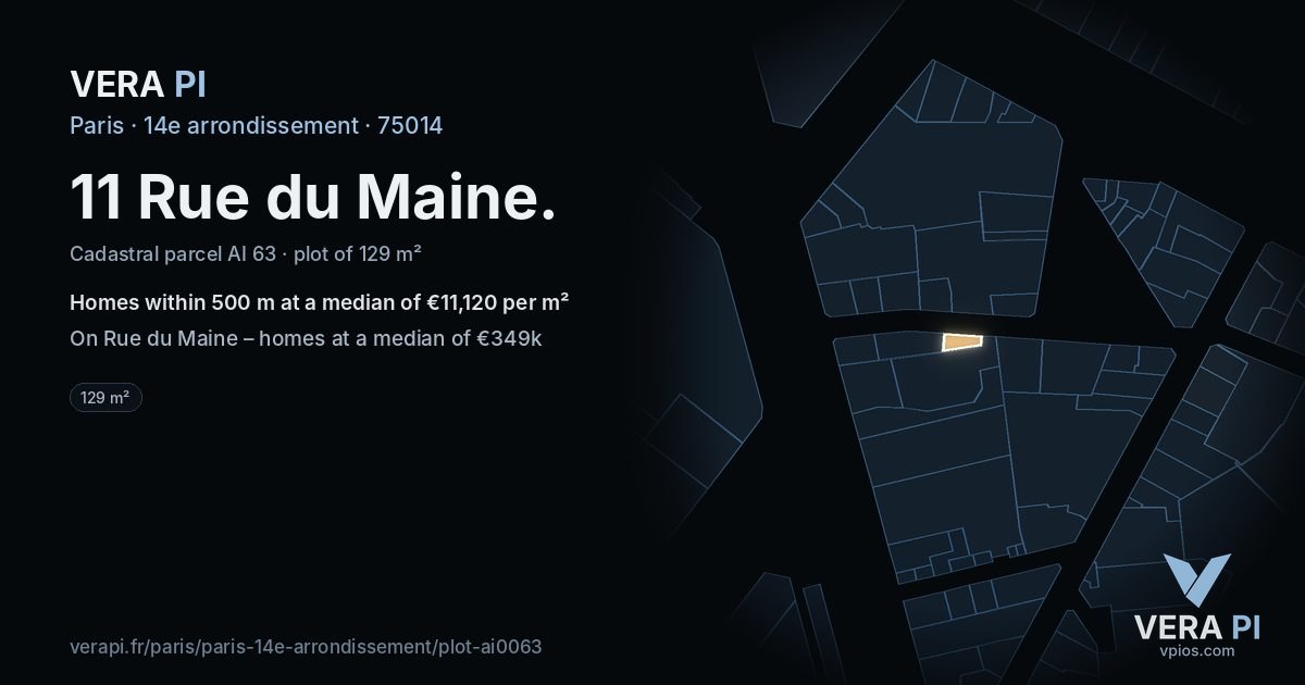 11 Rue du Maine, 14e arrondissement at night – the plot lit, the parcels around coloured by the prices near them