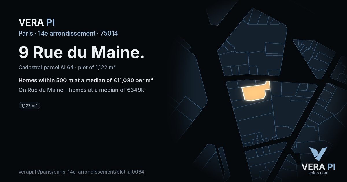 9 Rue du Maine, 14e arrondissement at night – the plot lit, the parcels around coloured by the prices near them