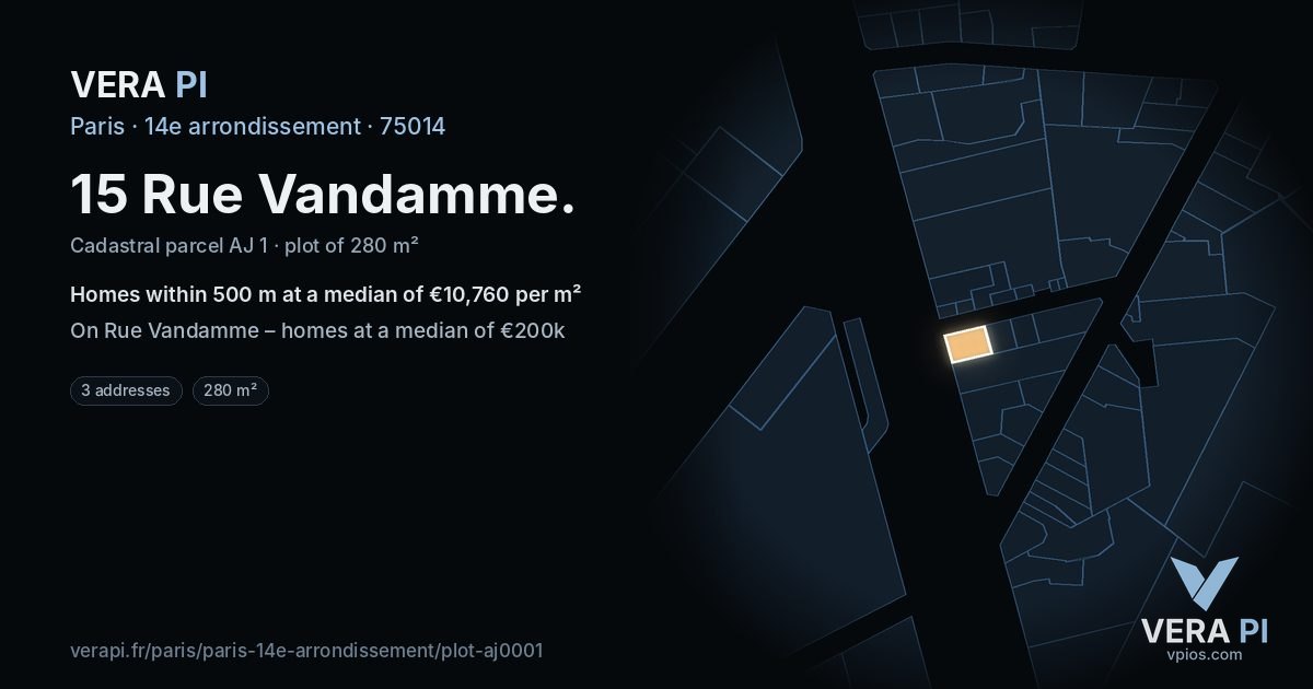 15 Rue Vandamme, 14e arrondissement at night – the plot lit, the parcels around coloured by the prices near them