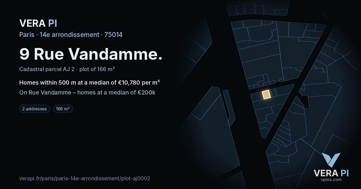 9 Rue Vandamme, 14e arrondissement at night – the plot lit, the parcels around coloured by the prices near them