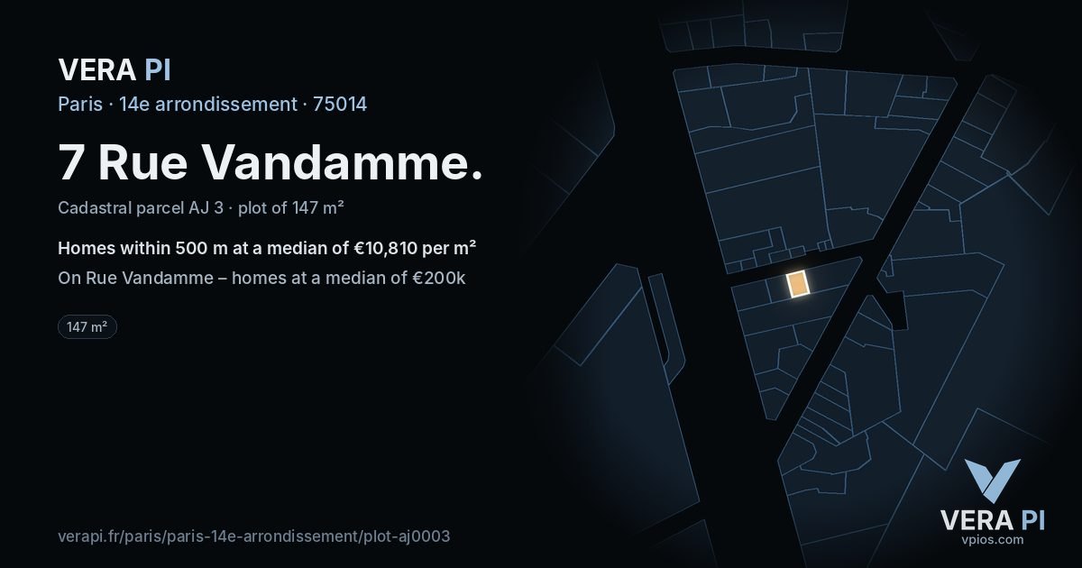 7 Rue Vandamme, 14e arrondissement at night – the plot lit, the parcels around coloured by the prices near them