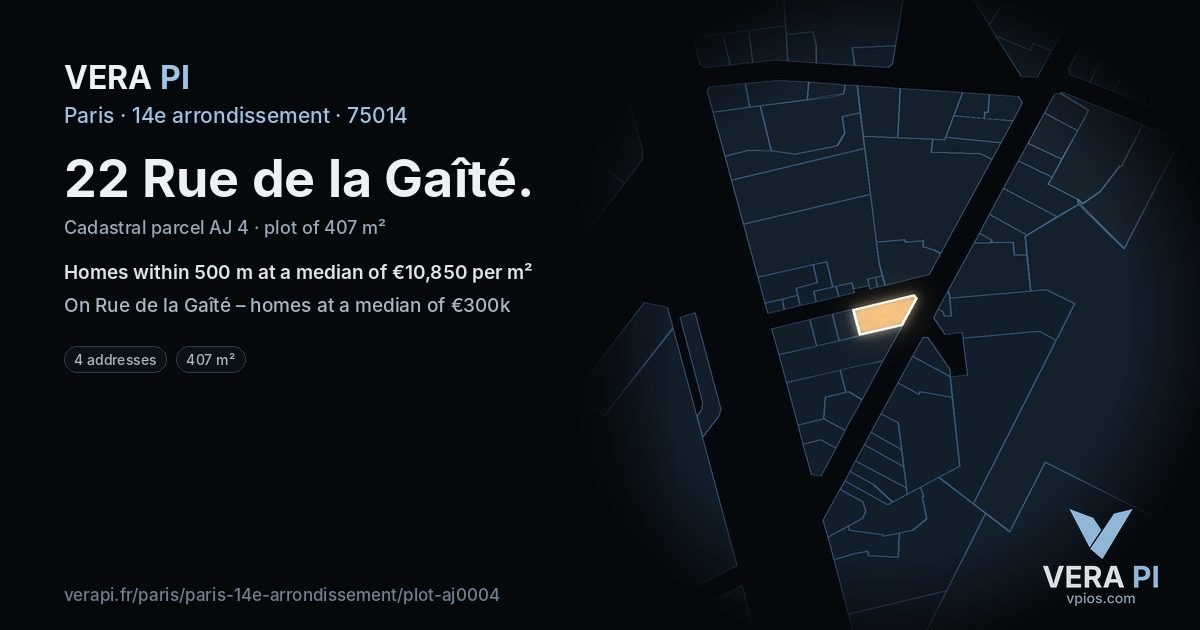 22 Rue de la Gaîté, 14e arrondissement at night – the plot lit, the parcels around coloured by the prices near them