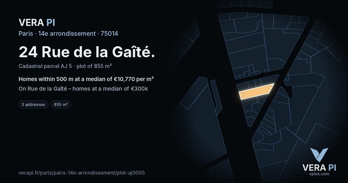 24 Rue de la Gaîté, 14e arrondissement at night – the plot lit, the parcels around coloured by the prices near them