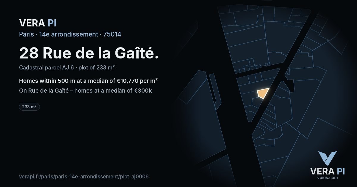 28 Rue de la Gaîté, 14e arrondissement at night – the plot lit, the parcels around coloured by the prices near them