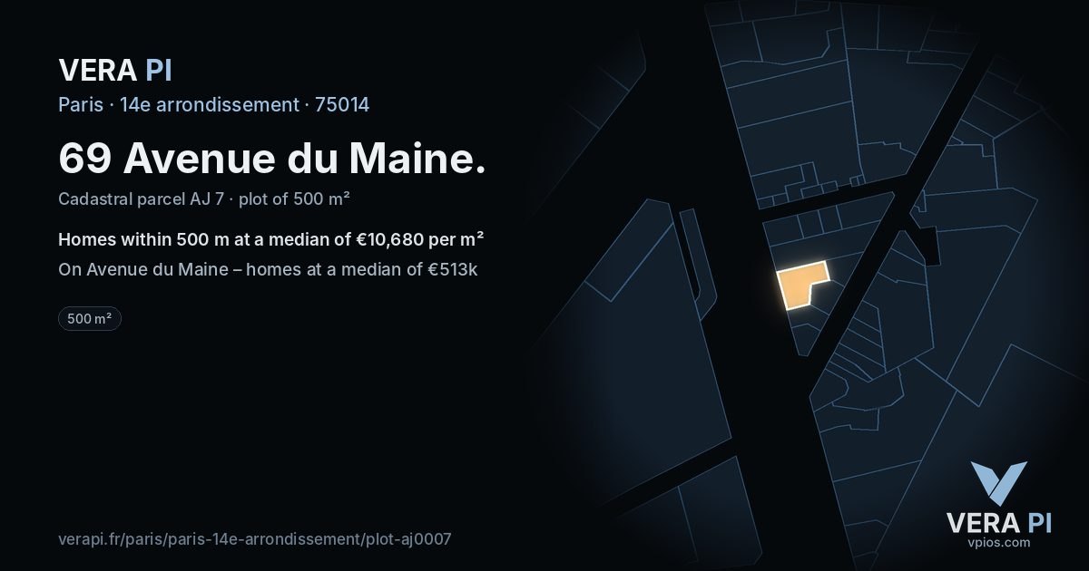 69 Avenue du Maine, 14e arrondissement at night – the plot lit, the parcels around coloured by the prices near them