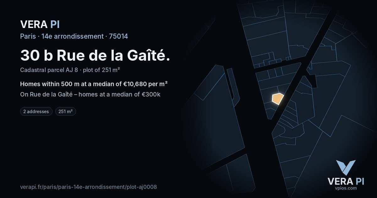 30 b Rue de la Gaîté, 14e arrondissement at night – the plot lit, the parcels around coloured by the prices near them