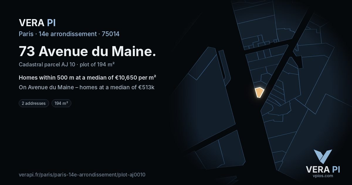 73 Avenue du Maine, 14e arrondissement at night – the plot lit, the parcels around coloured by the prices near them