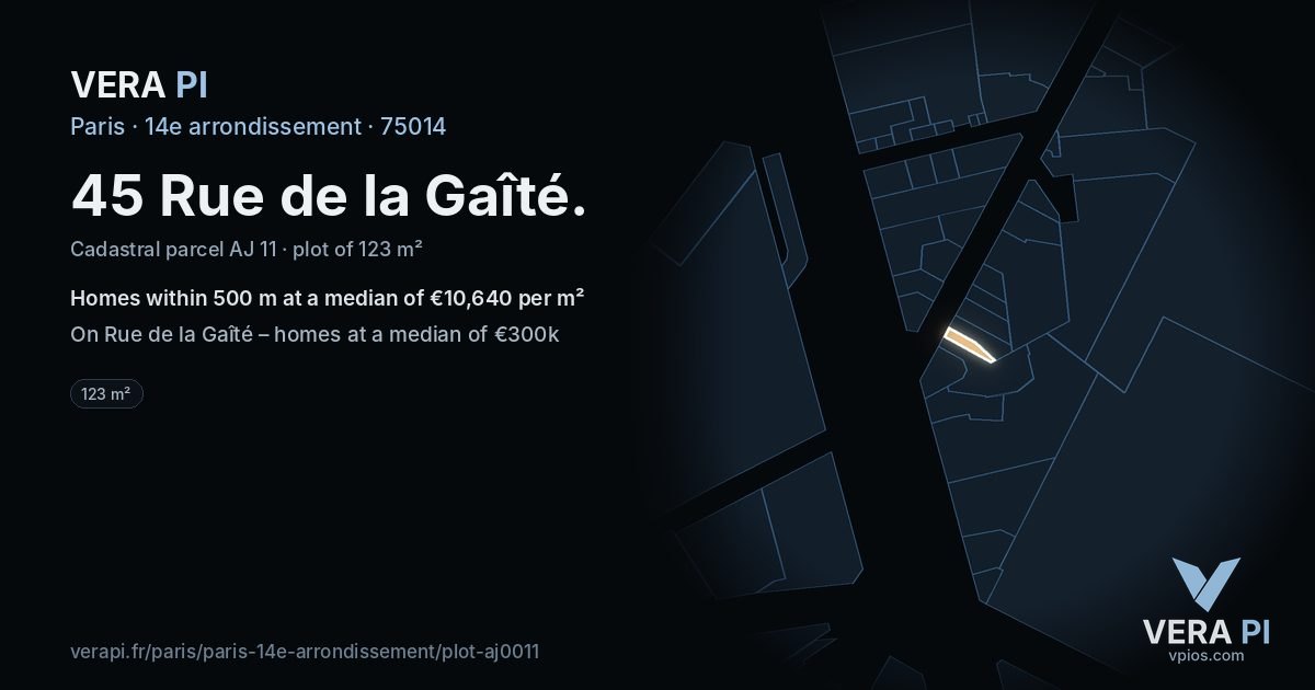 45 Rue de la Gaîté, 14e arrondissement at night – the plot lit, the parcels around coloured by the prices near them
