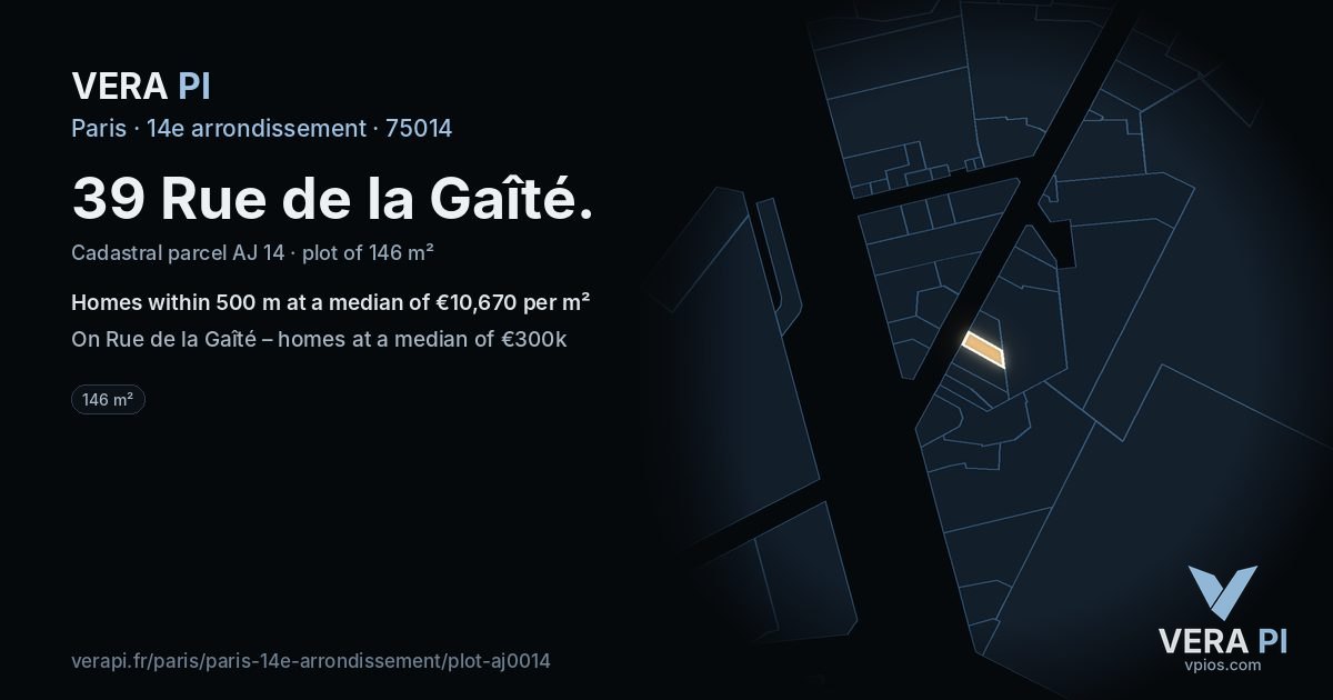 39 Rue de la Gaîté, 14e arrondissement at night – the plot lit, the parcels around coloured by the prices near them