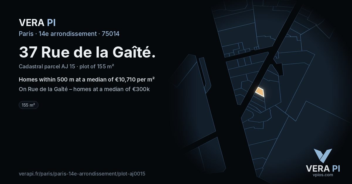 37 Rue de la Gaîté, 14e arrondissement at night – the plot lit, the parcels around coloured by the prices near them