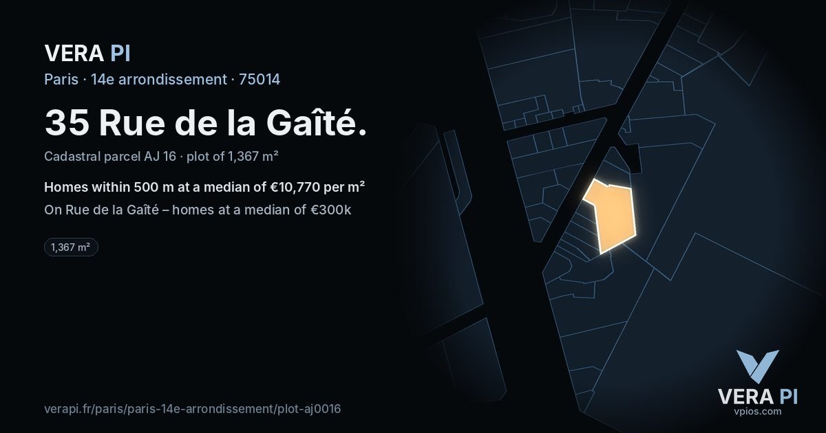 35 Rue de la Gaîté, 14e arrondissement at night – the plot lit, the parcels around coloured by the prices near them