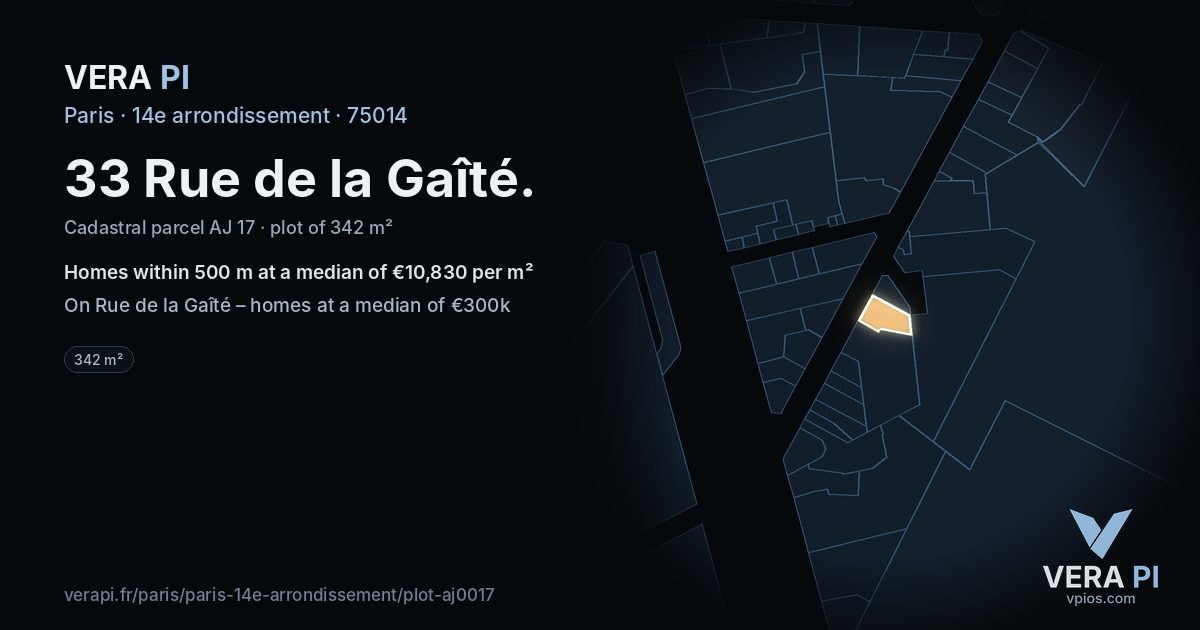 33 Rue de la Gaîté, 14e arrondissement at night – the plot lit, the parcels around coloured by the prices near them