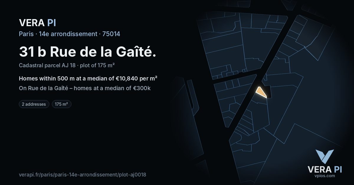 31 b Rue de la Gaîté, 14e arrondissement at night – the plot lit, the parcels around coloured by the prices near them
