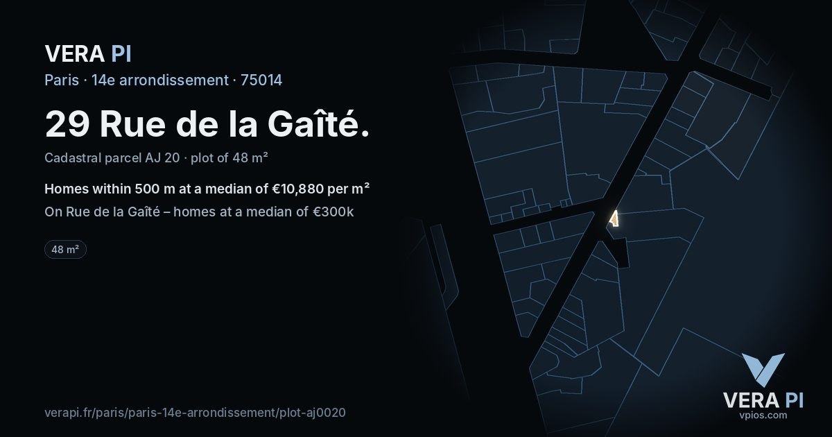 29 Rue de la Gaîté, 14e arrondissement at night – the plot lit, the parcels around coloured by the prices near them