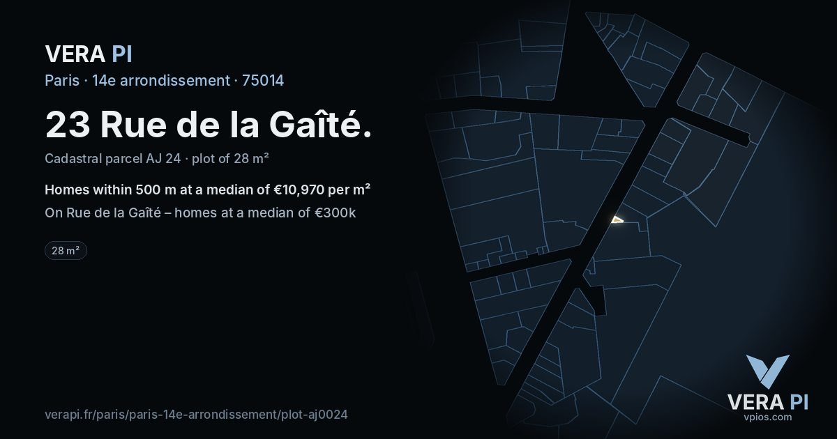 23 Rue de la Gaîté, 14e arrondissement at night – the plot lit, the parcels around coloured by the prices near them
