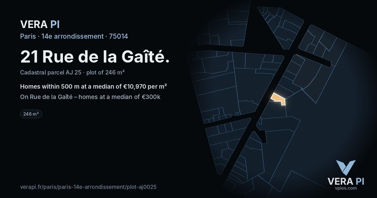 21 Rue de la Gaîté, 14e arrondissement at night – the plot lit, the parcels around coloured by the prices near them