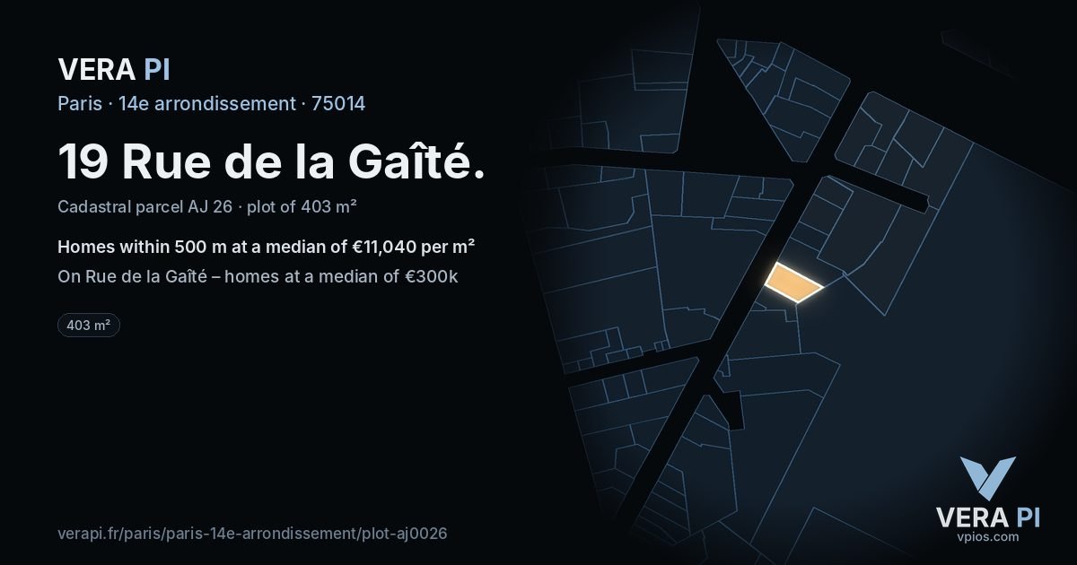 19 Rue de la Gaîté, 14e arrondissement at night – the plot lit, the parcels around coloured by the prices near them