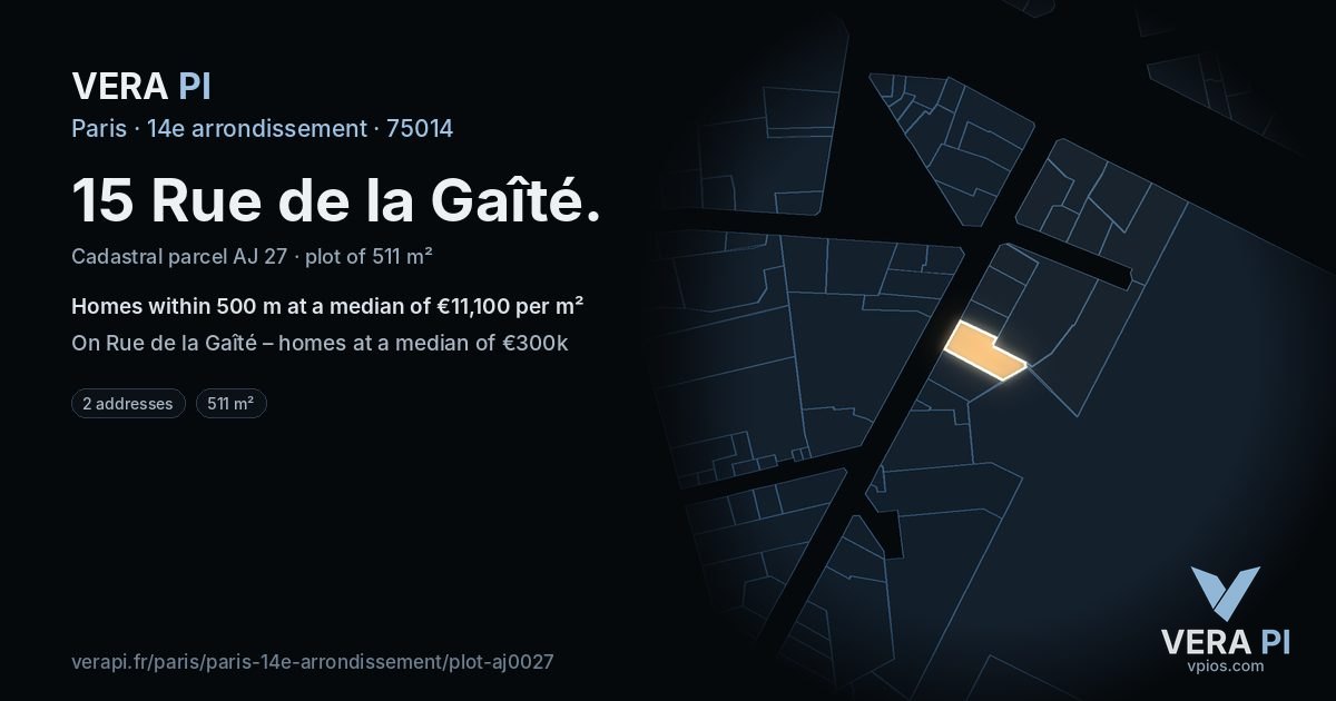 15 Rue de la Gaîté, 14e arrondissement at night – the plot lit, the parcels around coloured by the prices near them