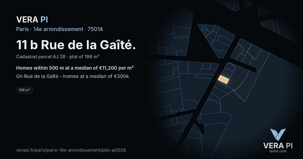 11 b Rue de la Gaîté, 14e arrondissement at night – the plot lit, the parcels around coloured by the prices near them