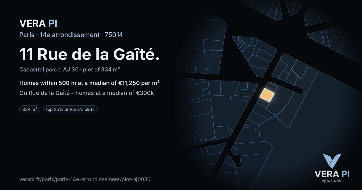 11 Rue de la Gaîté, 14e arrondissement at night – the plot lit, the parcels around coloured by the prices near them