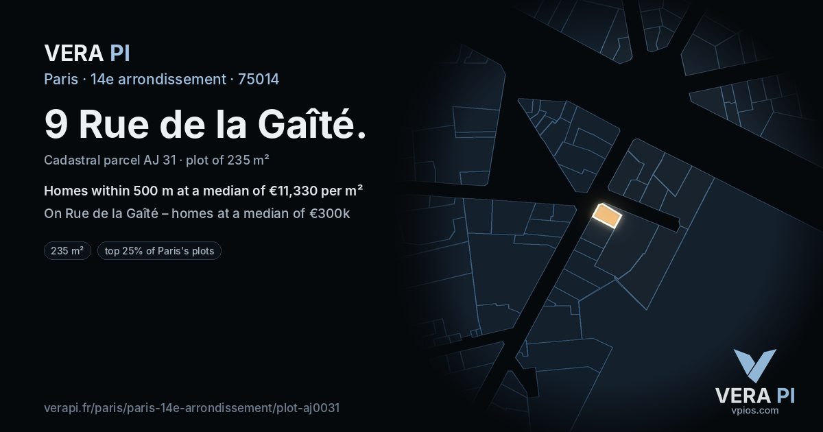 9 Rue de la Gaîté, 14e arrondissement at night – the plot lit, the parcels around coloured by the prices near them
