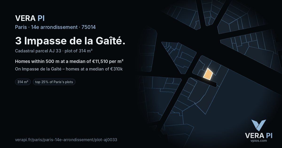 3 Impasse de la Gaîté, 14e arrondissement at night – the plot lit, the parcels around coloured by the prices near them