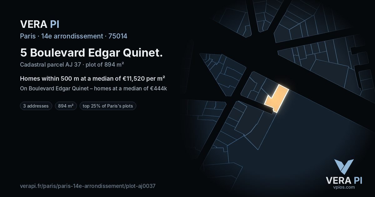 5 Boulevard Edgar Quinet, 14e arrondissement at night – the plot lit, the parcels around coloured by the prices near them