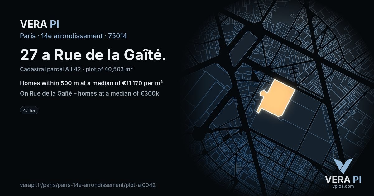 27 a Rue de la Gaîté, 14e arrondissement at night – the plot lit, the parcels around coloured by the prices near them