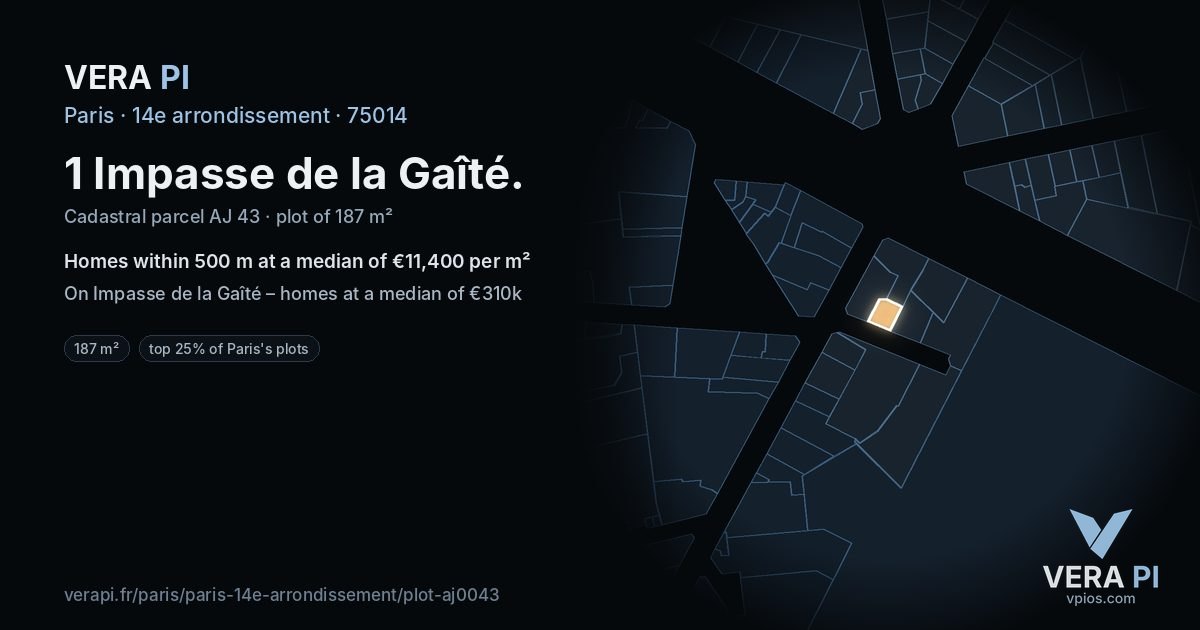 1 Impasse de la Gaîté, 14e arrondissement at night – the plot lit, the parcels around coloured by the prices near them