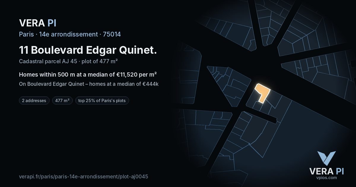 11 Boulevard Edgar Quinet, 14e arrondissement at night – the plot lit, the parcels around coloured by the prices near them