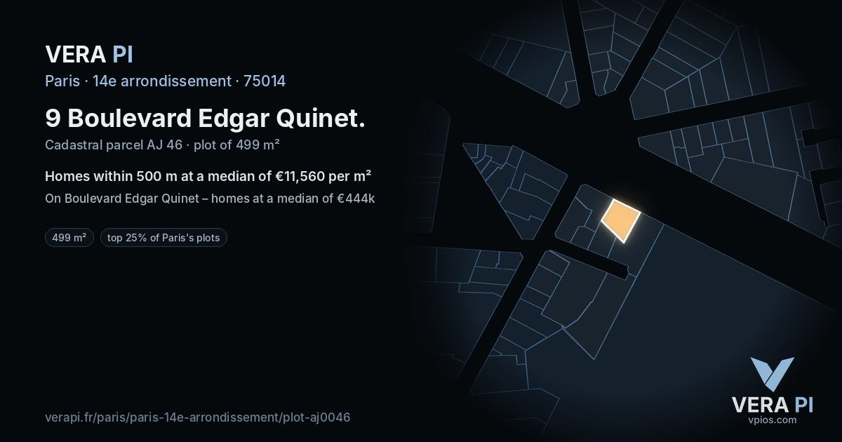 9 Boulevard Edgar Quinet, 14e arrondissement at night – the plot lit, the parcels around coloured by the prices near them