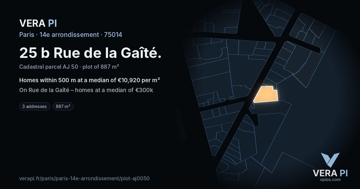 25 b Rue de la Gaîté, 14e arrondissement at night – the plot lit, the parcels around coloured by the prices near them