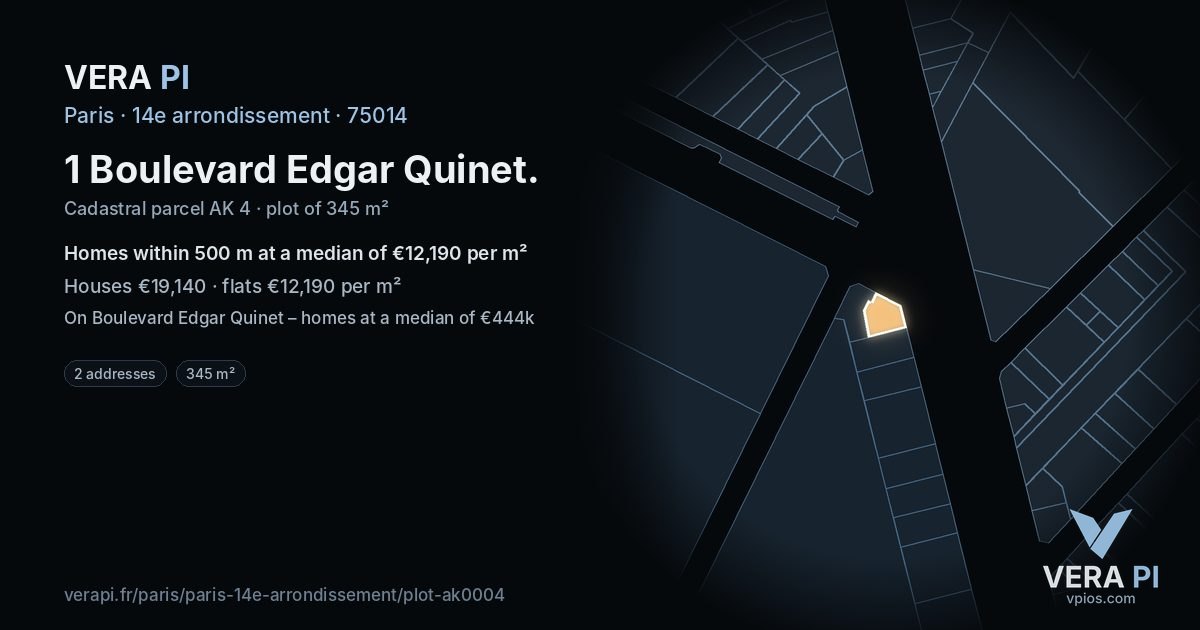 1 Boulevard Edgar Quinet, 14e arrondissement at night – the plot lit, the parcels around coloured by the prices near them