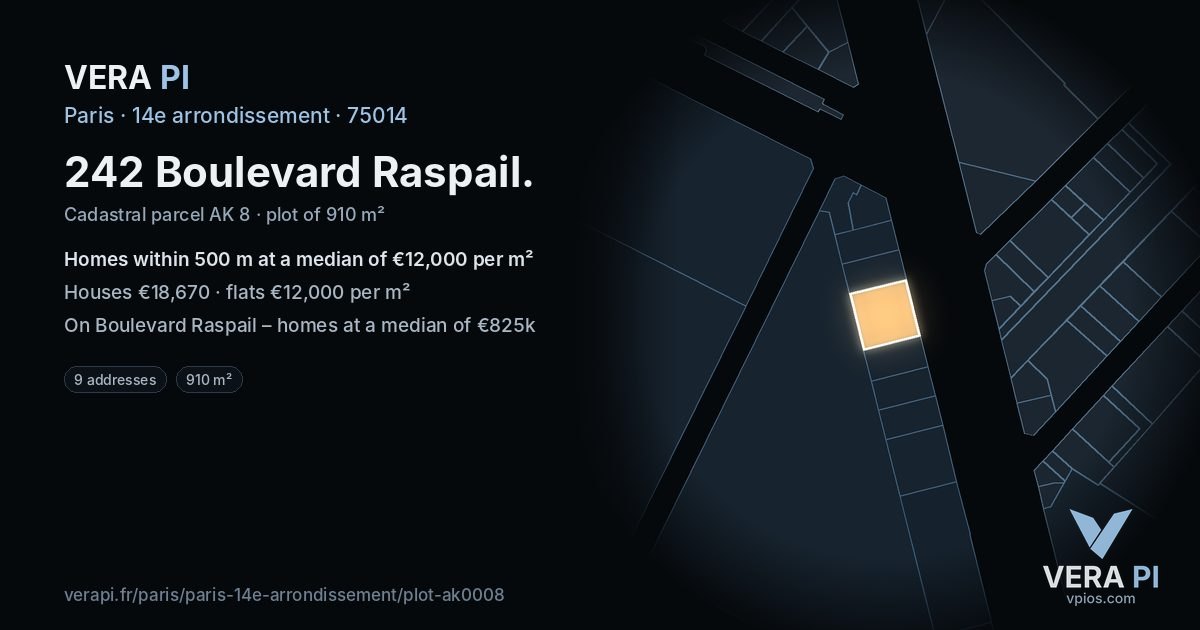 242 Boulevard Raspail, 14e arrondissement at night – the plot lit, the parcels around coloured by the prices near them